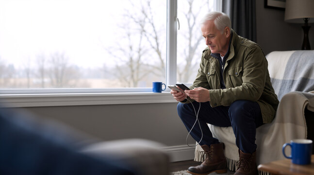 Senior man using two smartphones connected by cable in cozy living room. Older male sitting by window with mobile devices. Technology for seniors concept