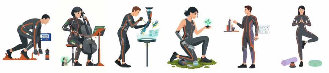 Fototapeta premium A collection of people wearing motion capture and haptic suits engaged in sports, music, technology, gardening, and wellness activities.