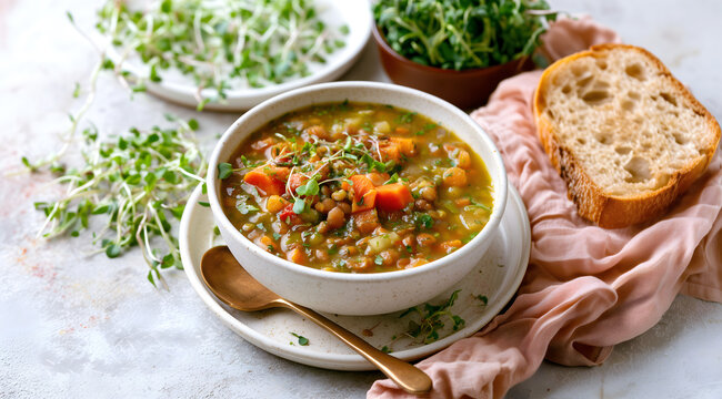 Creative food template. Healthy lentil soup with microgreens carrot potato vegetable, slice of toast sourdough bread on ceramic spoon plating on linen pink cloth and warm background. copy text space