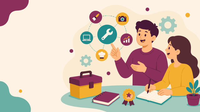 Two people collaborate around a toolbox and icons. They gesture toward connected tools and symbols. Their smiles suggest teamwork and shared ideas. Ideal for tech, education. Flat design adds modern