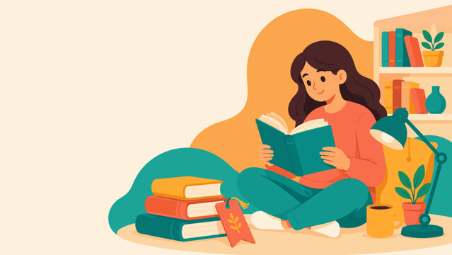 Woman reads comfortably on cozy floor. Stacks of books lie nearby, inviting exploration. Soft lamp glows beside her, casting warm light. Green plant and mug add quiet charm to scene