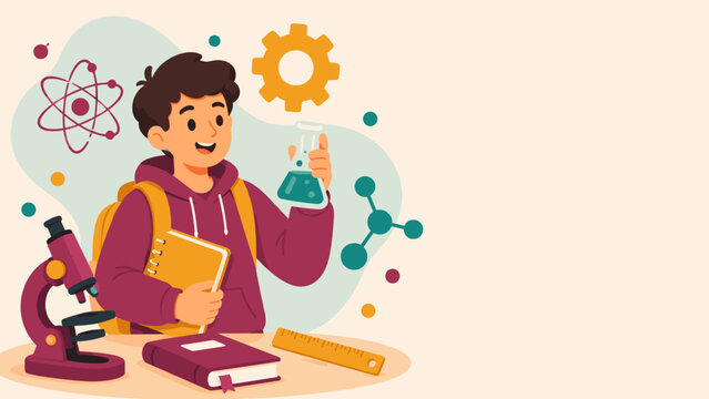 Young scientist smiles while holding a flask. He stands with microscope and books nearby. Atoms, gears, and molecules float around him. Bright, friendly illustration evokes curiosity and learning