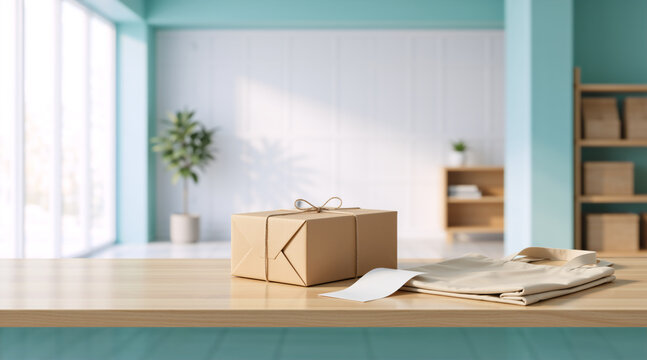 Cardboard shipping box wrapped in twine with a canvas tote bag. Eco friendly packaging and delivery concept on a wooden counter