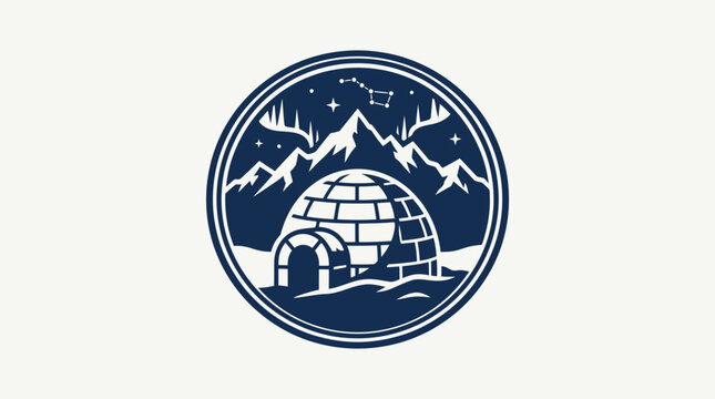 Arctic igloo emblem with mountain landscape and aurora borealis.