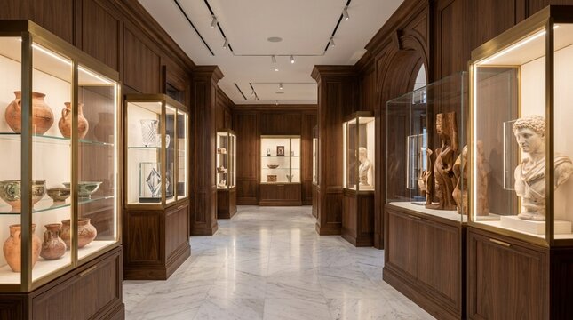 Museum Interior Hallway with Display Cases of Ancient Artifacts and Sculptures