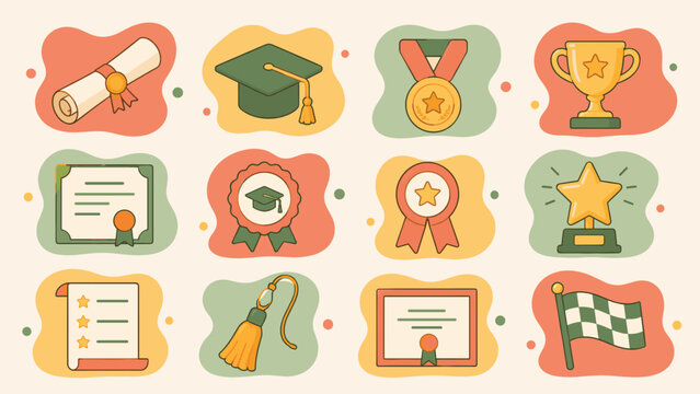 Soft pastel icons celebrate academic achievement. Each symbol represents a milestone in education. Graduation caps, diplomas, and trophies glow warmly. Colors blend gently for a welcoming