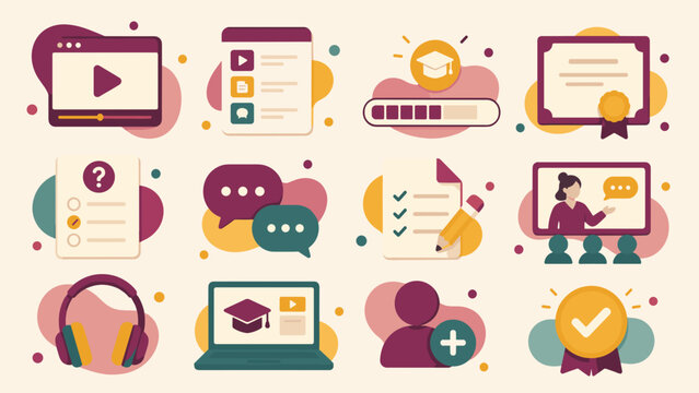 Colorful icons depict learning and education tools. Play buttons, certificates, and headsets suggest digital learning. Icons show video, quizzes, and group collaboration visually