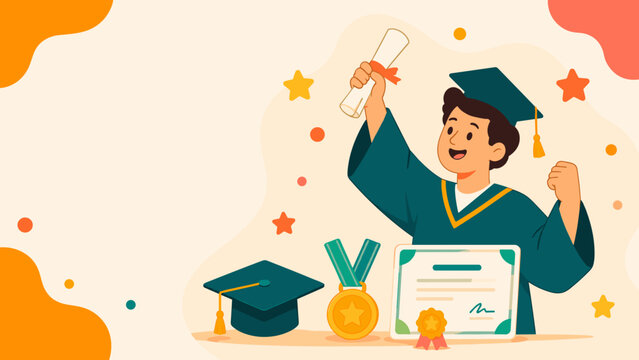 Graduate celebrates success with diploma and medal. Eyes shine with joy and pride. Surroundings glow with colorful stars and shapes. Cap, certificate, and gold medal sit nearby. Perfect for education