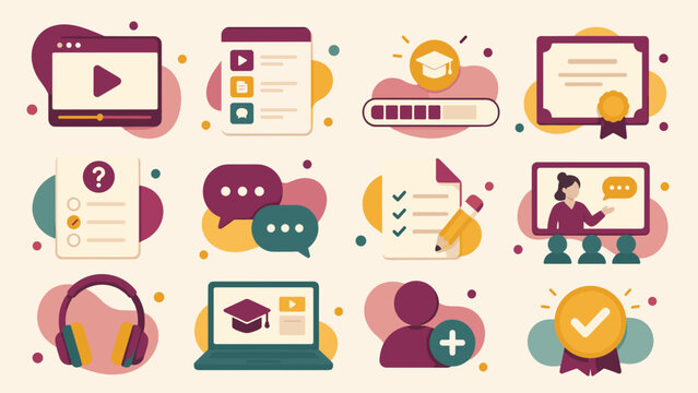Flat vector icons represent education and learning tools. Each symbol shows a distinct concept through simple shapes. Colors are soft, warm, and inviting for digital or print use