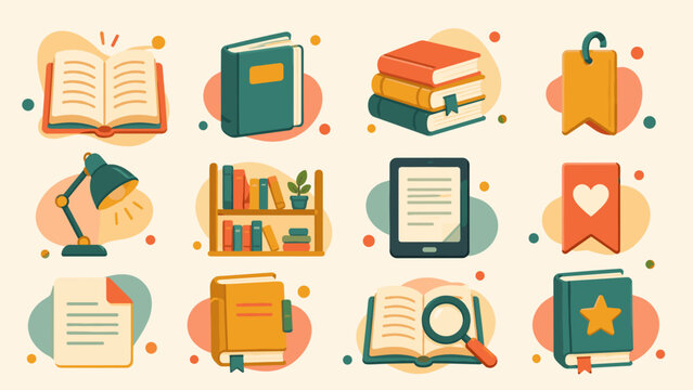 Aesthetic library icons arranged in a soft, colorful grid. Open books, stacks, and glowing lamps invite reading and learning. Each item symbolizes knowledge, discovery, and personal growth