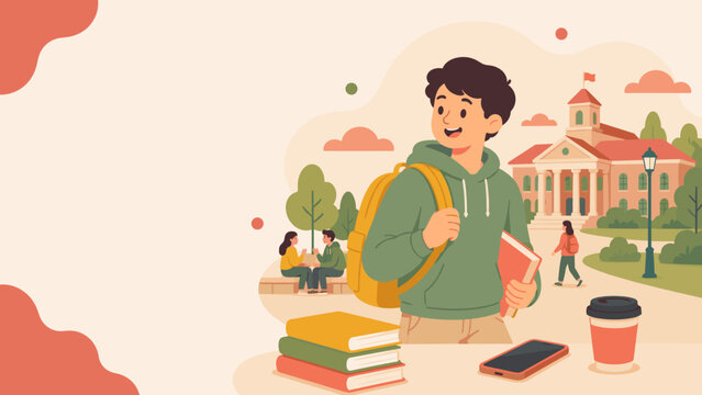 Student smiles, holding books and a backpack. College campus blooms in soft, warm hues. Trees, buildings, and people share a peaceful vibe. Coffee cup, phone, and stacked books sit nearby