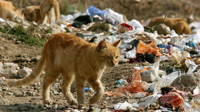 Stray cat walking through illegal garbage dump showing urban pollution, animal survival, environmental damage, abandoned waste, the challenges faced by homeless animals in contaminated surroundings