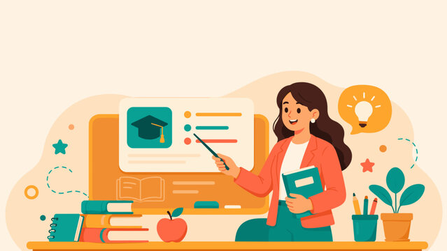Woman smiles while pointing to a digital screen. She holds books and stands beside a learning setup. Colorful plants, apples, and notebooks add charm to the desk