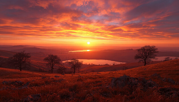 Sunset landscape depicts vibrant orange sky over rolling hills and lakes.