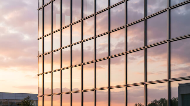 Modern Glass Office Building Facade Reflecting Colorful Sunset Clouds in the Evening Sky