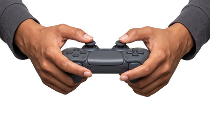 Dual analog game controller held in both hands with thumbs resting on twin joysticks for console gaming use PNG, Transparent Background © Abdulmalek
