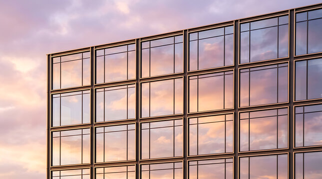 Modern Architecture Glass Building Facade Reflecting Colorful Pink and Orange Sunset Sky at Dusk