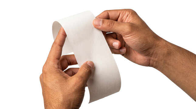 Hands holding a blank curled receipt paper showing fingers examining an empty printout for a business use PNG, Transparent Background