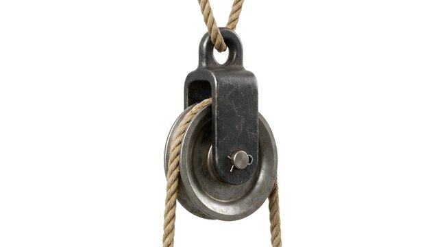 Heavy Duty Steel Pulley with Hemp Rope Isolated on White Background