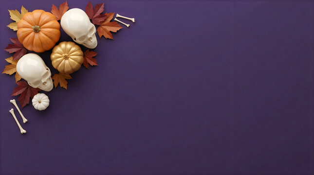 Happy Halloween Spooky Halloween autumn composition with skulls, pumpkins and bones on purple background. Dead festive fall harvest scene top view. Scary holiday party decoration. Octagonal