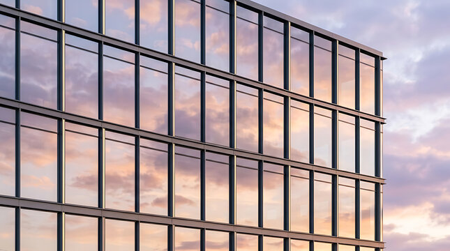 Modern glass skyscraper facade reflecting colorful sunset clouds during golden hour