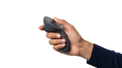 VR gaming controller gripped upright in a hand with thumb near the joystick designed for virtual reality use PNG, Transparent Background © Abdulmalek