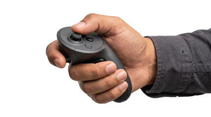 VR hand controller gripped tightly with thumb on the joystick showing buttons designed for immersive gaming use PNG, Transparent Background © Abdulmalek