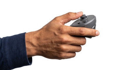 VR controller joystick held in a hand with thumb pressing the button designed for virtual reality gaming use PNG, Transparent Background © Abdulmalek