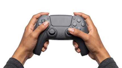 Wireless gamepad with a central touchpad held by both hands showing thumbs resting on the joysticks for gaming use PNG, Transparent Background © Abdulmalek