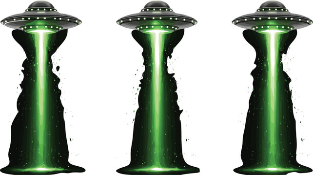 Alien UFO abduction beam set with glowing green energy light sci fi spaceship levitation effect isolated vector illustration