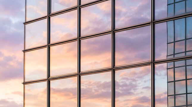 Modern Architectural Glass Facade Reflecting a Vibrant Sunset Sky with Soft Clouds in a Geometric Building Grid Pattern