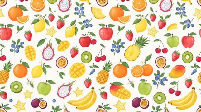 Seamless repeating pattern of fresh tropical fruits and berries on white background