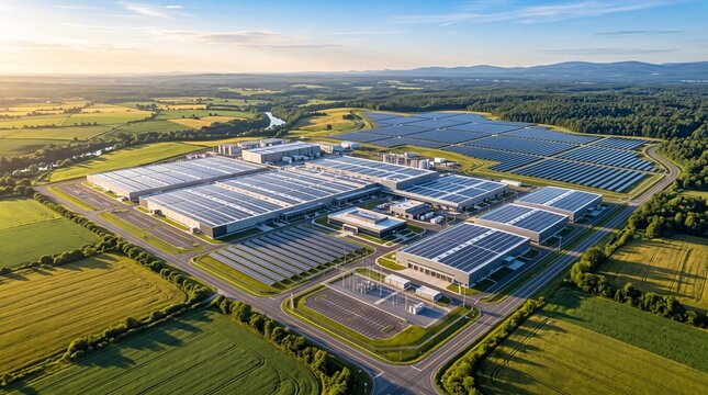 Aerial view of a large industrial complex with extensive solar panel fields and surrounding green fields