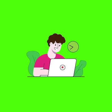Flat vector illustration of a young man working on a laptop on green background