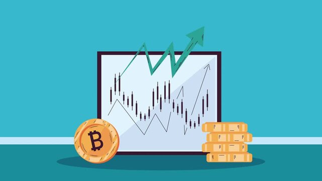 Crypto trading chart with bitcoin coins and bullish arrow animation showing growth in digital market exchange and financial success.