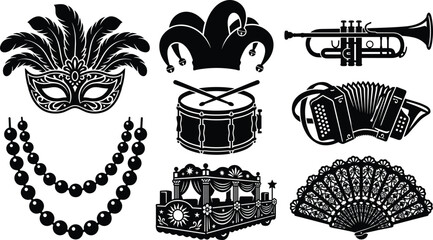 Set of black silhouette Mardi Gras and carnival icons featuring masquerade mask jester hat instruments and parade float © Ariful