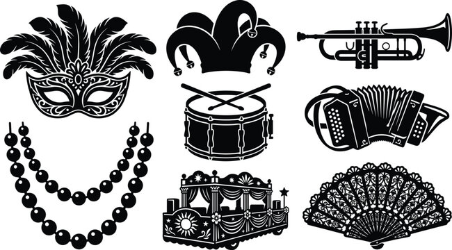 Set of black silhouette Mardi Gras and carnival icons featuring masquerade mask jester hat instruments and parade float
