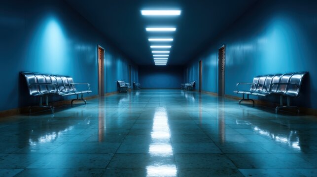 A hauntingly atmospheric blue hallway featuring sleek seats that eagerly await arrival, creating a sense of anticipation and stillness in an intriguing, modern environment.