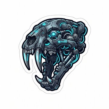 Terrifying Cybernetic Sabertooth Tiger Skull Vector Sticker Logo