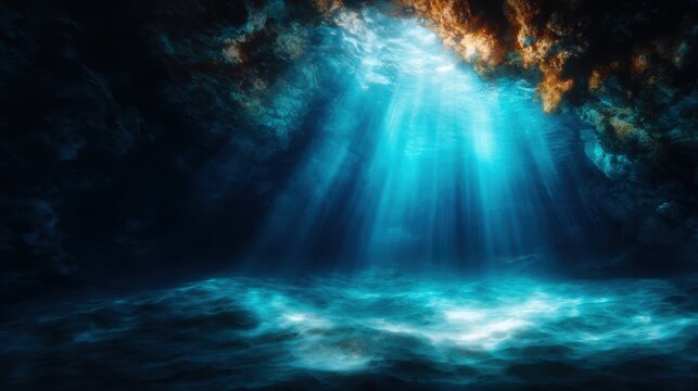 A breathtaking underwater scene illuminated by sunlight streaming from above, capturing the tranquil beauty and mystery of a submerged cave environment.