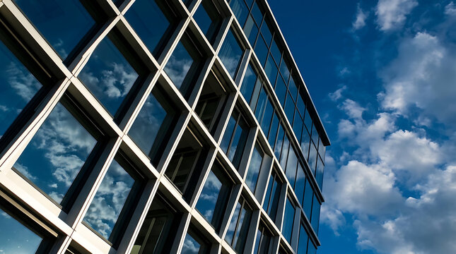 Modern Office Building Glass Facade Reflecting Blue Sky and Clouds