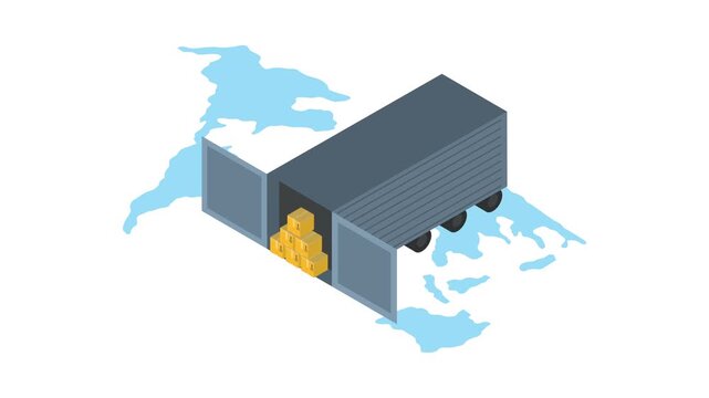 Global logistics and delivery animation featuring isometric shipping truck trailer with cardboard boxes on world map background.