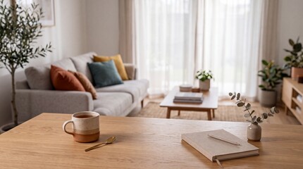 Cozy living room scene with sofa, coffee table, and mug of tea on wooden table © Sarkar