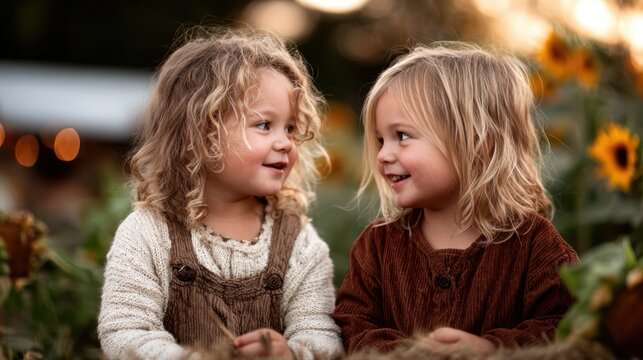 Capturing the pure joy of childhood, these two smiling children are enjoying each other's company among a field of vibrant sunflowers during golden hour.