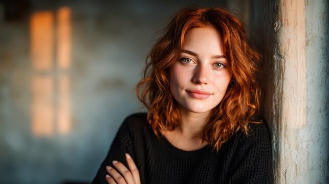 An intimate and radiant portrait of a young woman with curly red hair, showcasing her natural beauty and warm smile, illuminated by soft, golden sunlight.