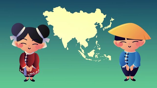 Animated map of Asia with cute cartoon children in traditional clothing bowing.