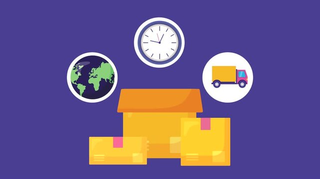 Logistics and delivery service animation with shipping boxes and global transport icons on purple background.