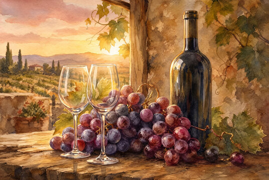 acuarela con uvas, botella de vino, luz dorada y fondo inspirado en un vi&ntilde;edo y copas de cristal
