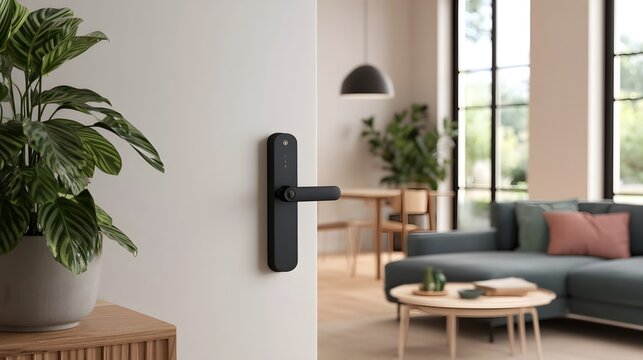Modern smart door lock mounted on a white wall beside a potted plant in a bright  minimalist living room