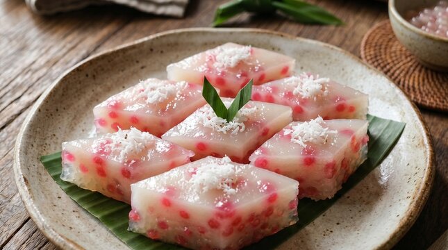 Indonesian kue cantik manis, diamond-cut pink sago pearl coconut pudding topped with grated coconut on banana leaf ceramic plate, close up side angle view on rustic wooden table.